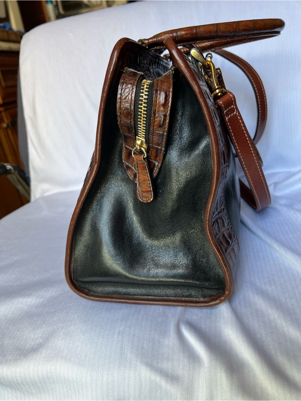 Vintage Brahmin Tuscan Addison Satchel Bag Black & Croc Leather (Excellent) - Picture 6 of 16